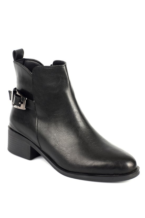 Capone Ronda Buckle Mid Heel Casual Women Black Ankle Boot