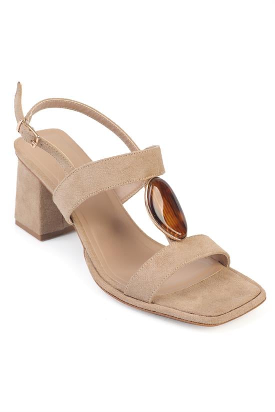 Capone Ronni Block Mid Heel Crystal Embellished Suede Look Women Beige Shoe