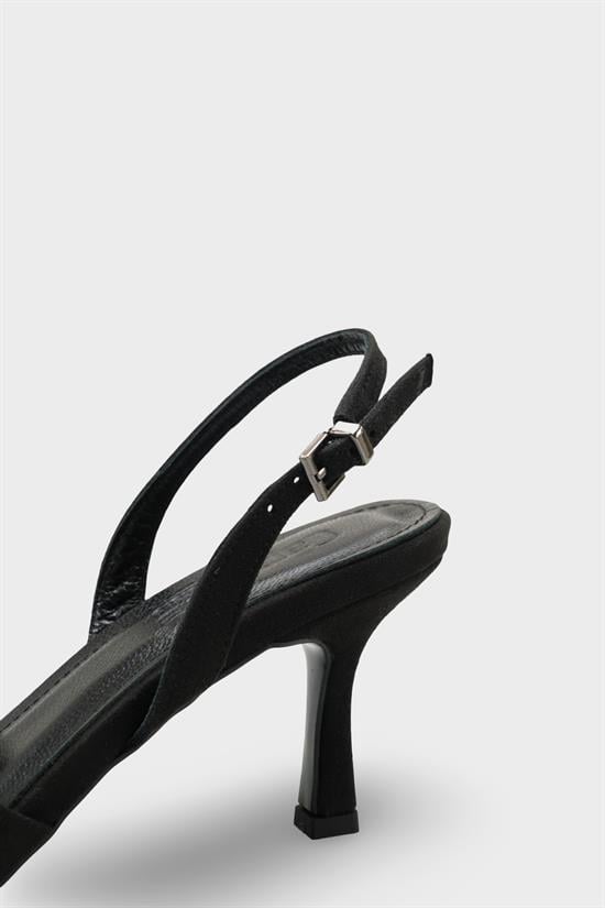 Capone Roxana Genuine Leather Lined Square Toe Cross Strap Mid Heel Suede Look Elegant Women Sued Black Shoe image 5