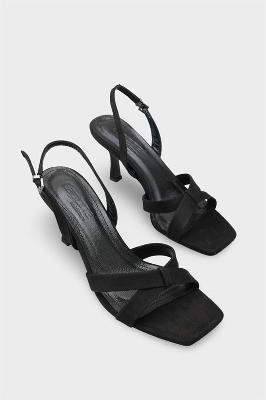 Capone Roxana Genuine Leather Lined Square Toe Cross Strap Mid Heel Suede Look Elegant Women Sued Black Shoe image 3