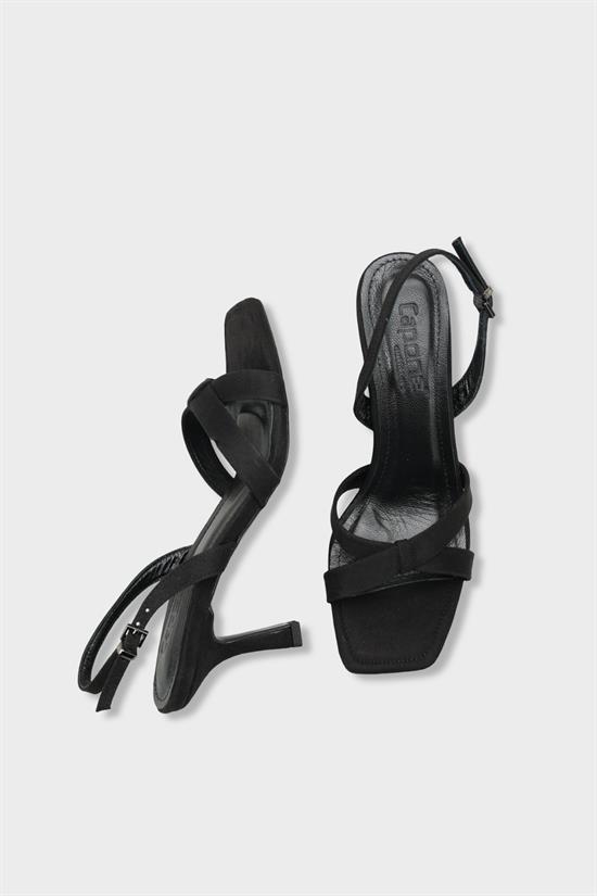 Capone Roxana Genuine Leather Lined Square Toe Cross Strap Mid Heel Suede Look Elegant Women Sued Black Shoe image 6