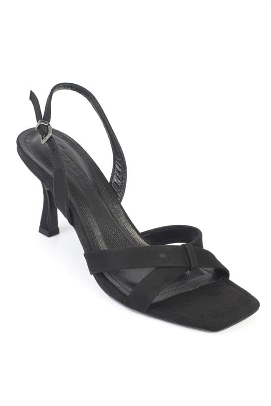 Capone Roxana Genuine Leather Lined Square Toe Cross Strap Mid Heel Suede Look Elegant Women Sued Black Shoe