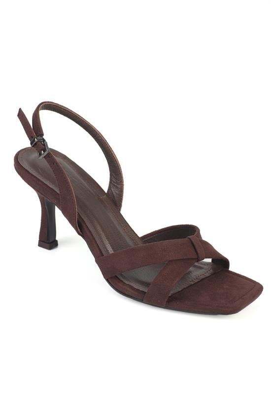 Capone Roxana Genuine Leather Lined Square Toe Cross Strap Mid Heel Suede Look Elegant Women Sued Brown Shoe