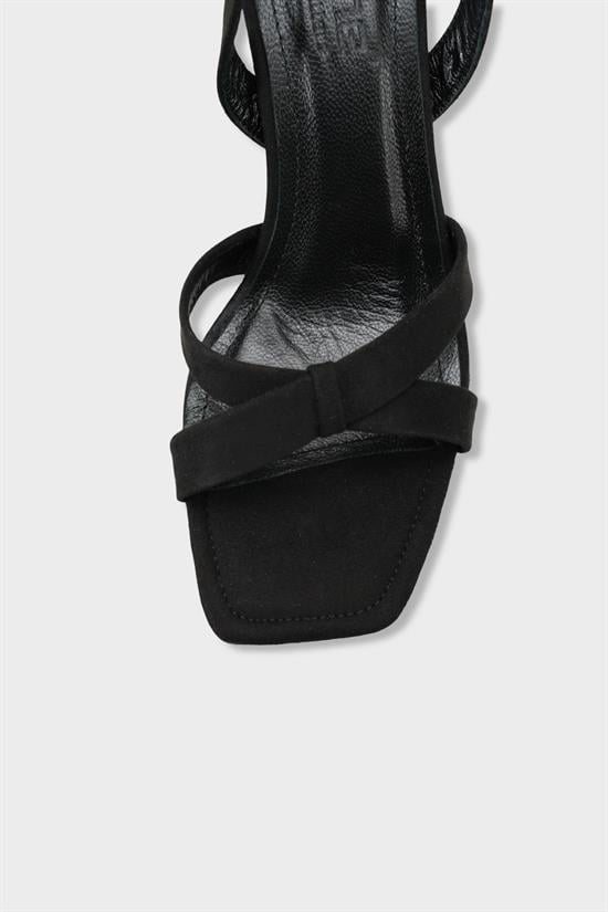 Capone Roxana Genuine Leather Lined Square Toe Cross Strap Mid Heel Suede Look Elegant Women Sued Black Shoe image 4