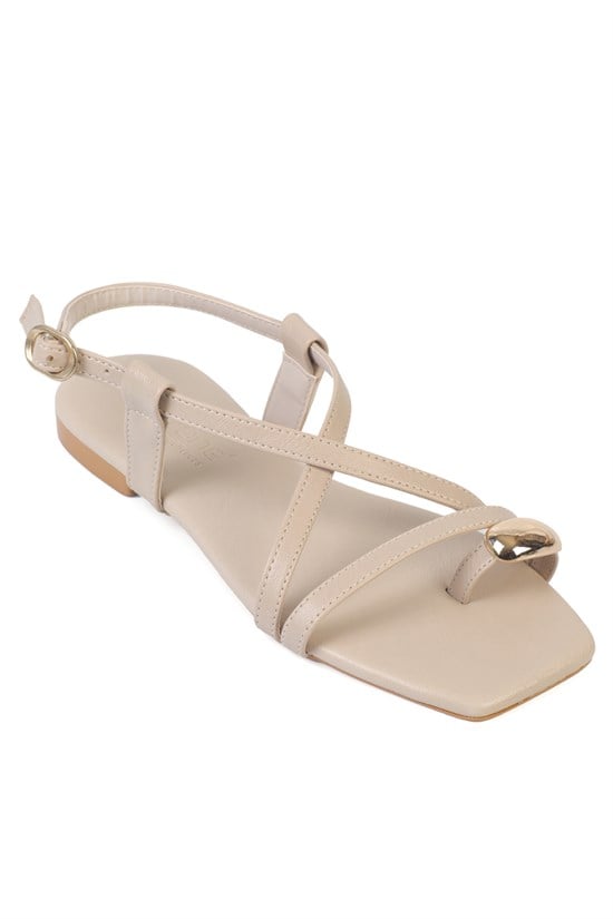 Capone RoxySquare Toe Metal Thong Band Flat Heel Women Beige Sandal