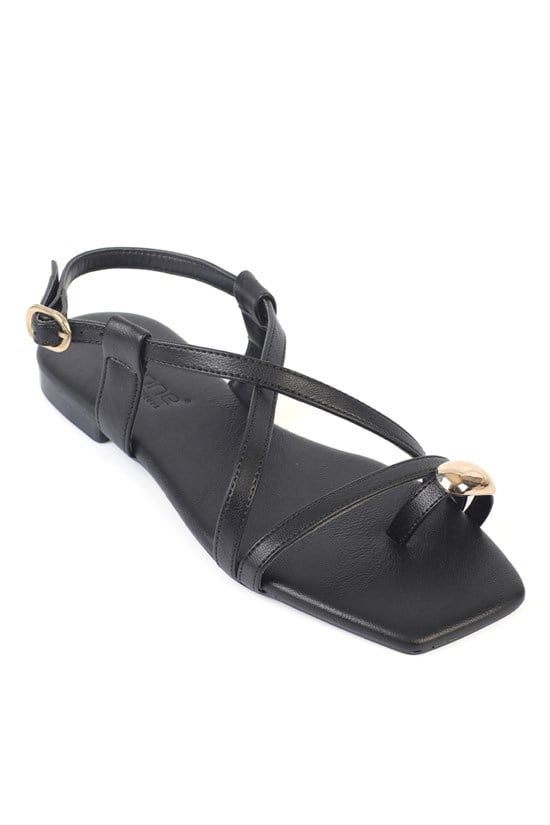 Capone RoxySquare Toe Metal Thong Band Flat Heel Women Black Sandal