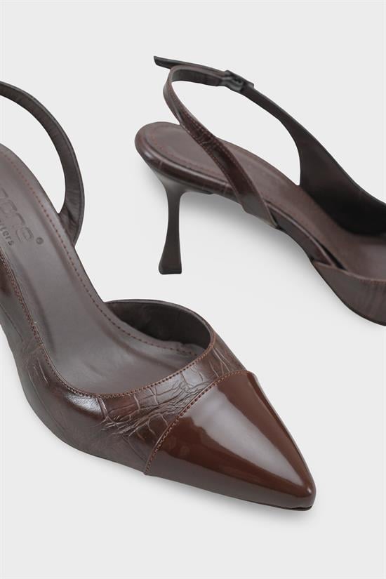 Capone Sall Pointed Toe Croc Effect Open Back Mid Heel Women Brown Shoe image 5