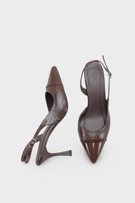 Capone Sall Pointed Toe Croc Effect Open Back Mid Heel Women Brown Shoe image 6
