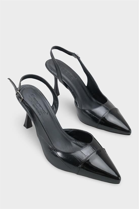 Capone Sall Pointed Toe Croc Effect Open Back Mid Heel Women Black Shoe image 3