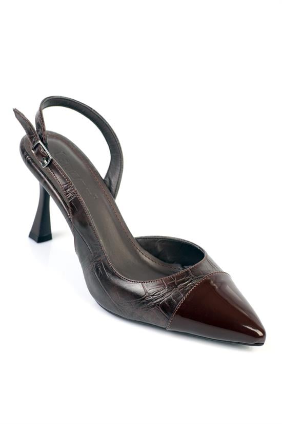 Capone Sall Pointed Toe Croc Effect Open Back Mid Heel Women Brown Shoe