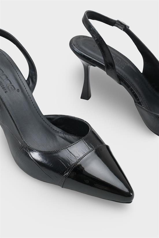 Capone Sall Pointed Toe Croc Effect Open Back Mid Heel Women Black Shoe image 5