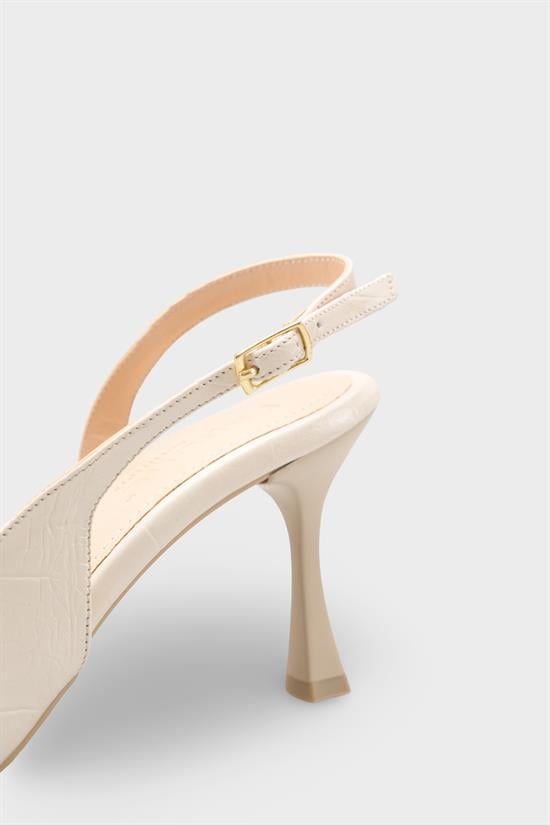 Capone Sall Pointed Toe Croc Effect Open Back Mid Heel Women Beige Shoe image 5