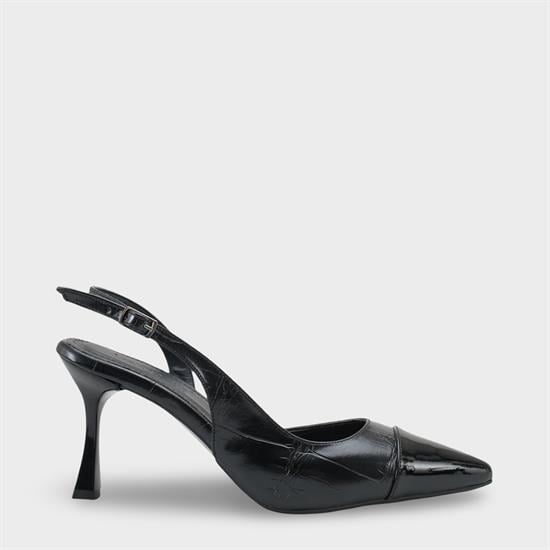 Capone Sall Pointed Toe Croc Effect Open Back Mid Heel Women Black Shoe image 2