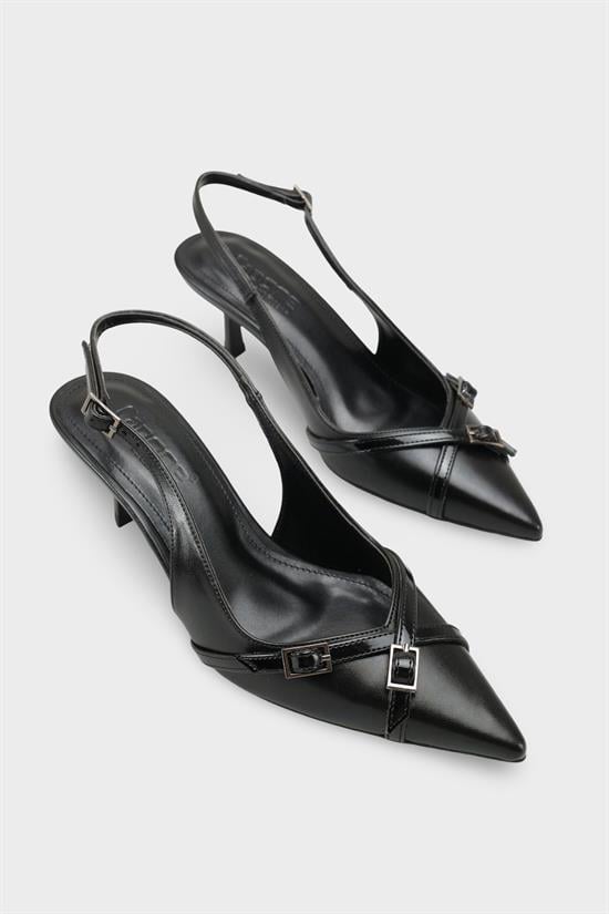 Capone Sarine Pointed Toe Mid Heel Cross Buckle Open Back Women Black Shoe image 3