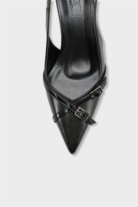 Capone Sarine Pointed Toe Mid Heel Cross Buckle Open Back Women Black Shoe image 4