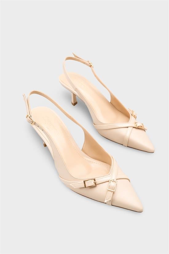 Capone Sarine Pointed Toe Mid Heel Cross Buckle Open Back Women Ecru Shoe image 3