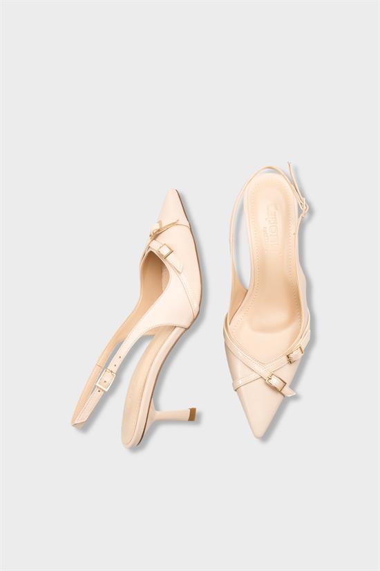 Capone Sarine Pointed Toe Mid Heel Cross Buckle Open Back Women Ecru Shoe image 6