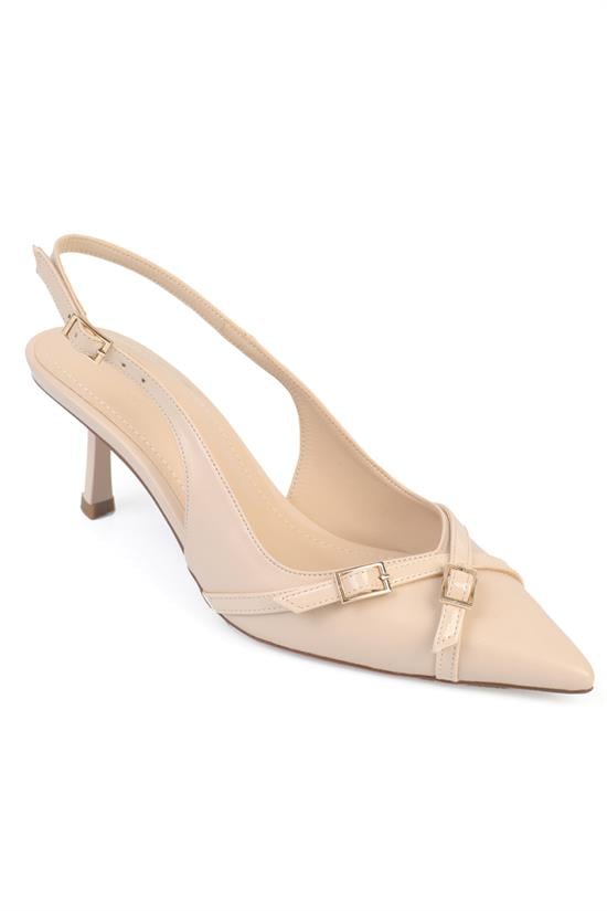 Capone Sarine Pointed Toe Mid Heel Cross Buckle Open Back Women Ecru Shoe