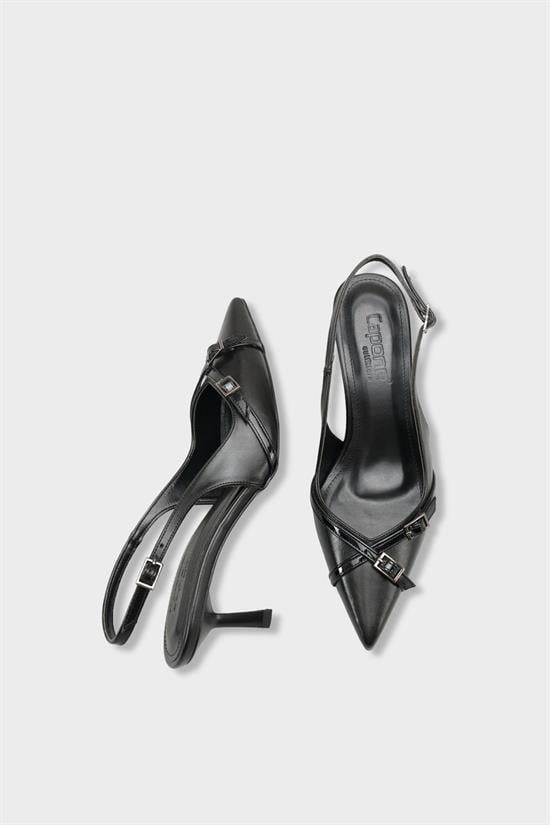 Capone Sarine Pointed Toe Mid Heel Cross Buckle Open Back Women Black Shoe image 6