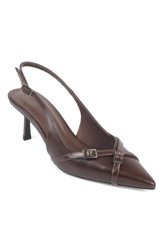 Capone Sarine Pointed Toe Mid Heel Cross Buckle Open Back Women Brown Shoe