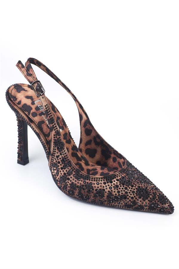 Capone Olva Satin Crystal Embellished Heeled Pointed Toe Open Back Women Leopard Shoes image 2