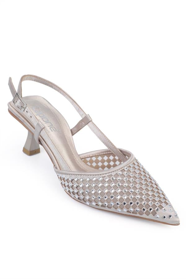 Capone Olga Satin Crystal Embellished Medium Heeled Pointed Toe Open Back Women Dore Shoes