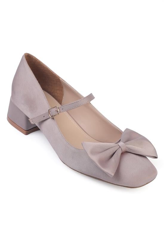 Capone Short Heeled Blunt Toe Bow Tie Satin Women Satin Mink Mary Jane Shoes