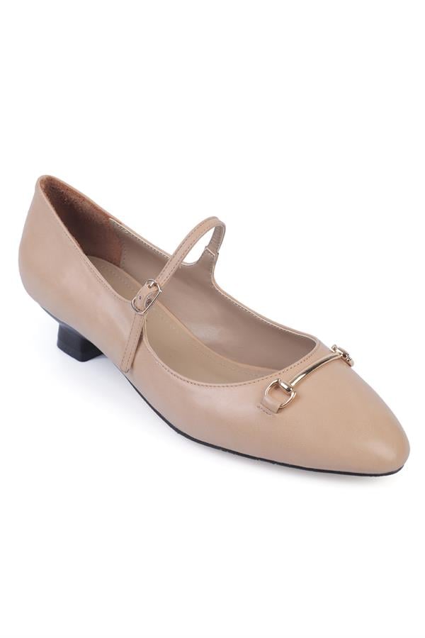 Capone Short-Heeled Metal Buckled Women Beige Shoes image 1