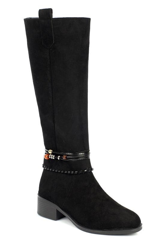 Capone Simone Suede Look Handwoven Wooden Accessory Women Black Boot