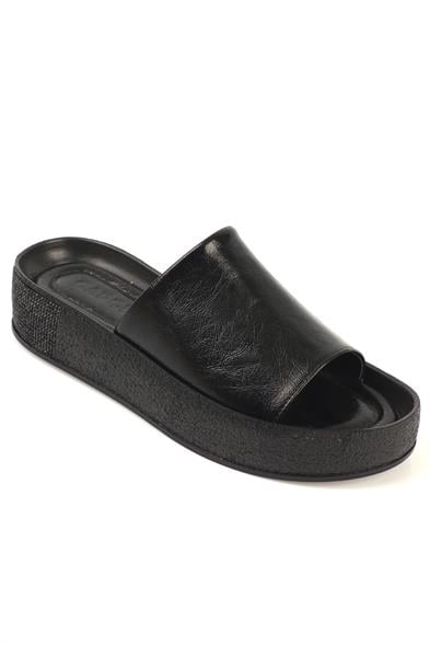 Capone Single Wide Band Crystal Detail Wedge Heel Metallic Woman Sandals