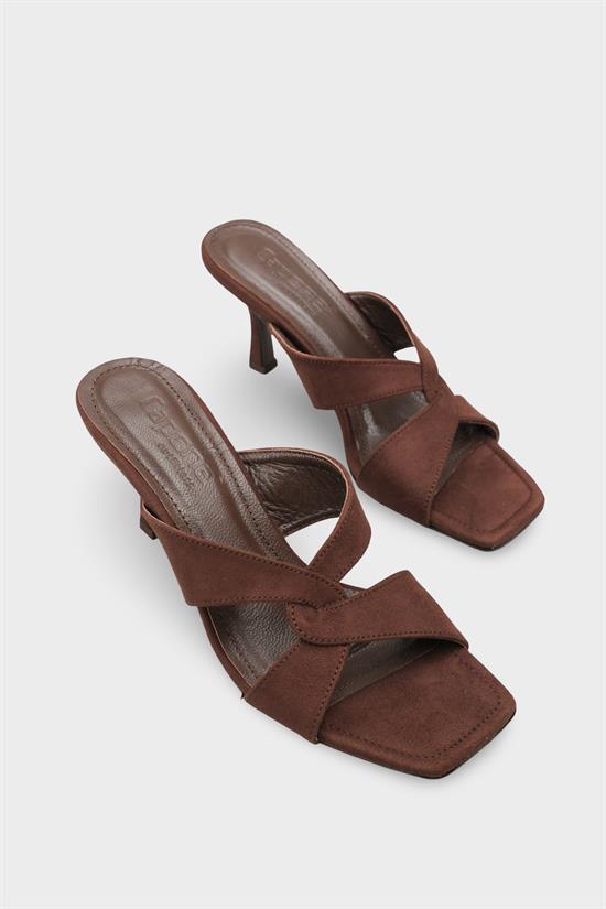 Capone Sissy Genuine Leather Lined Square Toe Cross Strap Mid Heel Suede Look Elegant Women Sued Brown Sandal image 3