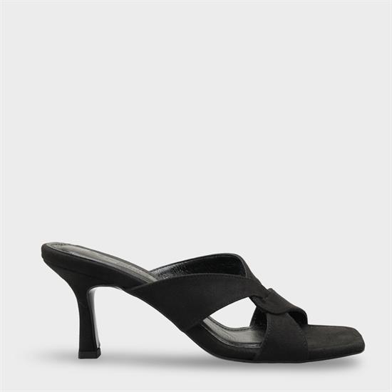 Capone Sissy Genuine Leather Lined Square Toe Cross Strap Mid Heel Suede Look Elegant Women Sued Black Sandal image 2