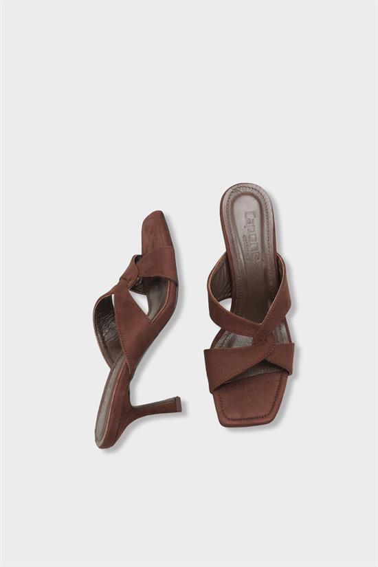 Capone Sissy Genuine Leather Lined Square Toe Cross Strap Mid Heel Suede Look Elegant Women Sued Brown Sandal image 6