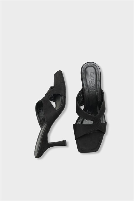 Capone Sissy Genuine Leather Lined Square Toe Cross Strap Mid Heel Suede Look Elegant Women Sued Black Sandal image 6