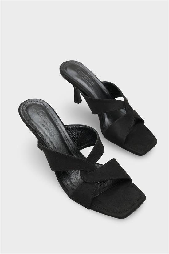 Capone Sissy Genuine Leather Lined Square Toe Cross Strap Mid Heel Suede Look Elegant Women Sued Black Sandal image 3