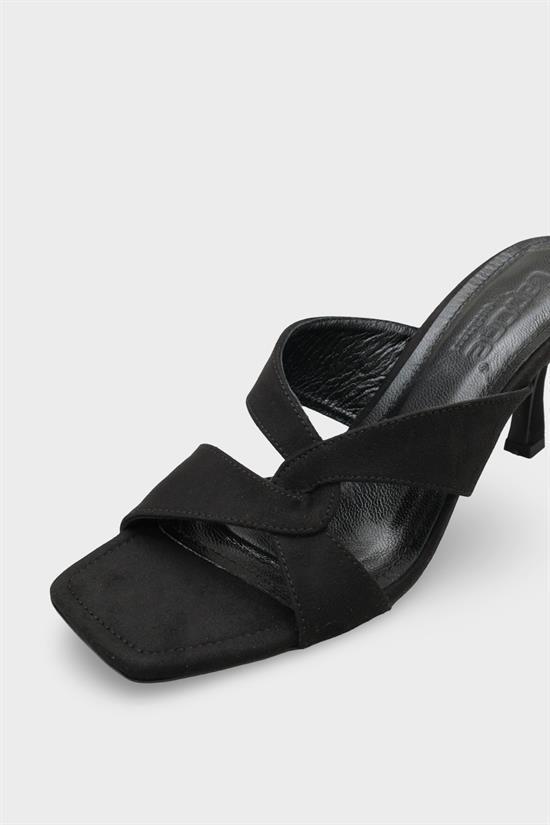 Capone Sissy Genuine Leather Lined Square Toe Cross Strap Mid Heel Suede Look Elegant Women Sued Black Sandal image 4