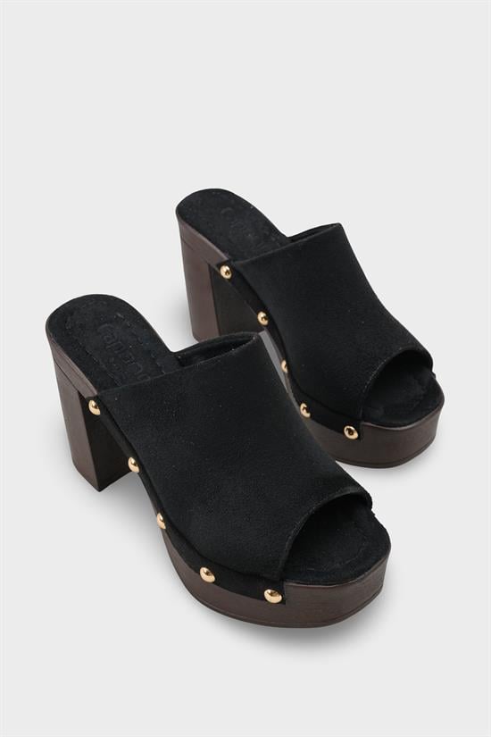 Capone Sonia Wedge Heel Single Band Open Toe Women Sued Black Clog image 3