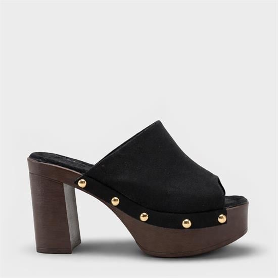 Capone Sonia Wedge Heel Single Band Open Toe Women Sued Black Clog image 2