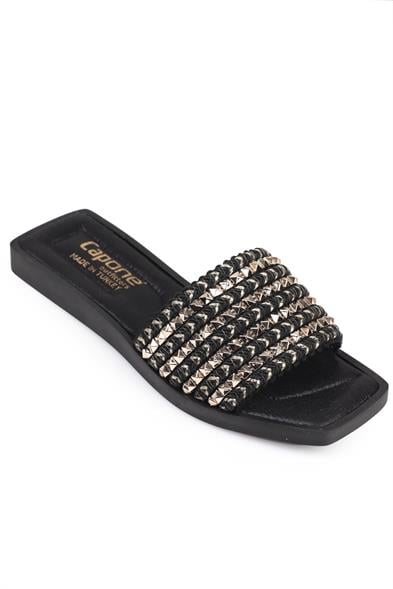 Capone Kourtney Flat Heel Blunt Toe Metal Accessory Raffia Women Black Gold Sandals image 3