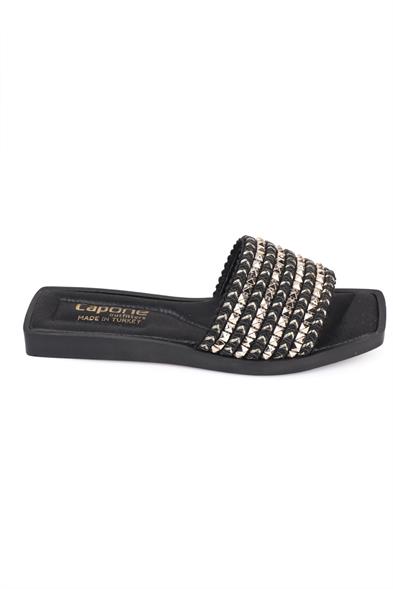 Capone Kourtney Flat Heel Blunt Toe Metal Accessory Raffia Women Black Gold Sandals image 4