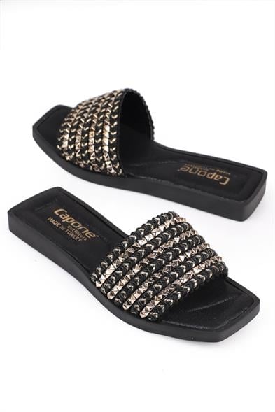 Capone Kourtney Flat Heel Blunt Toe Metal Accessory Raffia Women Black Gold Sandals image 5