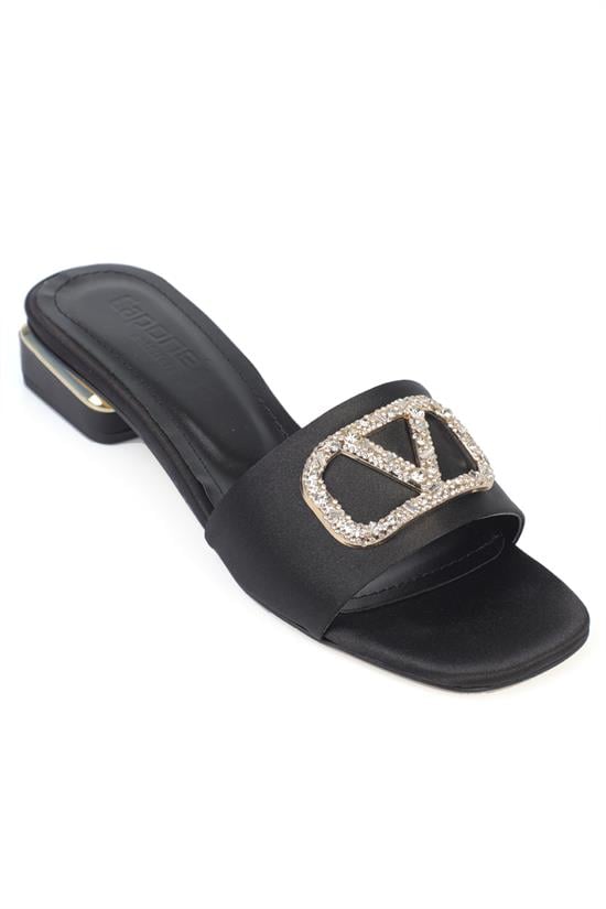 Capone Square Toe Crystal Embellished Buckle Satin Low Heel Women Satin Black Sandal