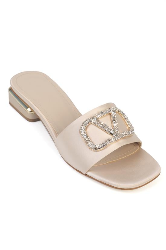 Capone Square Toe Crystal Embellished Buckle Satin Low Heel Women Satin Beige Sandal