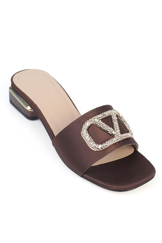 Capone Square Toe Crystal Embellished Buckle Satin Low Heel Women Satin Brown Sandal