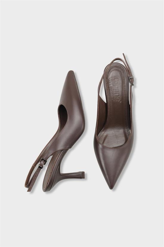 Capone Steffi Genuine Leather Pointed Toe Mid Heel Side Buckle Open Back Women Brown Shoe image 5