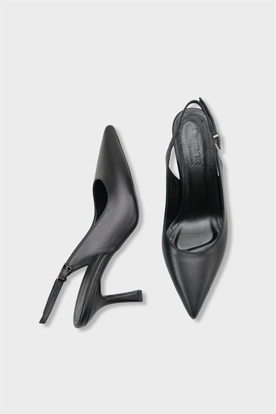 Capone Steffi Genuine Leather Pointed Toe Mid Heel Side Buckle Open Back Women Black Shoe image 6