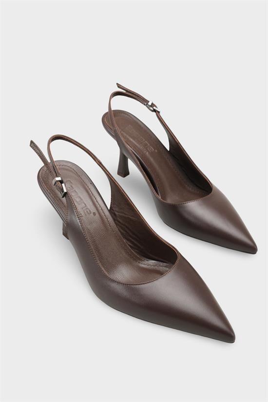 Capone Steffi Genuine Leather Pointed Toe Mid Heel Side Buckle Open Back Women Brown Shoe image 3