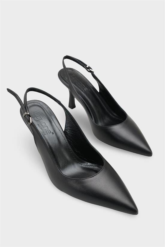 Capone Steffi Genuine Leather Pointed Toe Mid Heel Side Buckle Open Back Women Black Shoe image 3