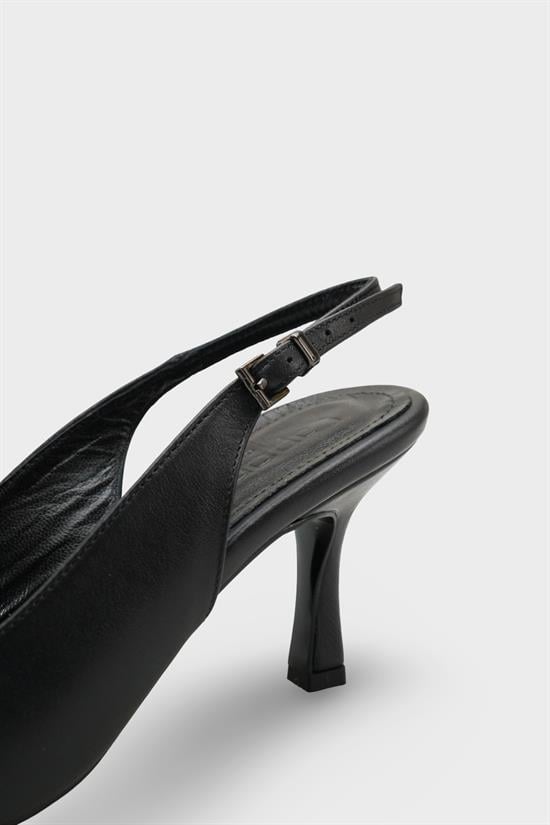 Capone Steffi Genuine Leather Pointed Toe Mid Heel Side Buckle Open Back Women Black Shoe image 5