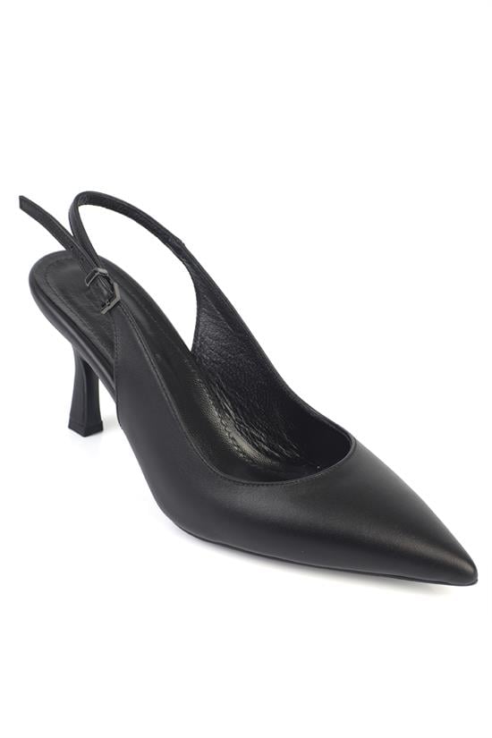 Capone Steffi Genuine Leather Pointed Toe Mid Heel Side Buckle Open Back Women Black Shoe image 1